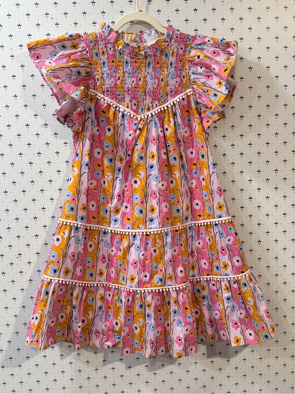 Entro Floral Smocked Pom Pom Trim Flutter Sleeve Mini Dress - Size S